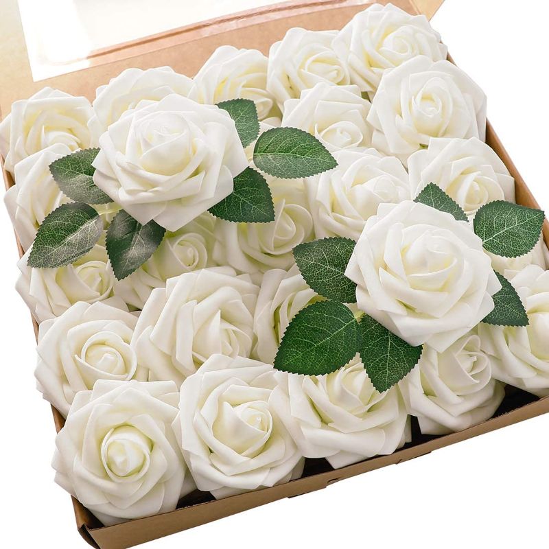Photo 1 of Artificial Flowers 25pcs Real Looking Ivory Foam Fake Roses with Stems for DIY Wedding Bouquets White Bridal Shower Centerpieces Arrangements Party Tables Decorations