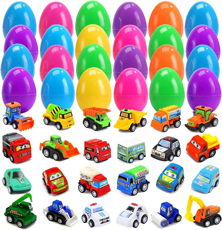 Photo 1 of 24 Pcs Jumbo Easter Eggs Filled with Pull-Back Cars, Assorted Colorful Prefilled Plastic Surprise Eggs for Easter Party Favor, Easter Eggs Hunt Fillers, Easter Basket Stuffers, Classroom Prize Supplies Toys