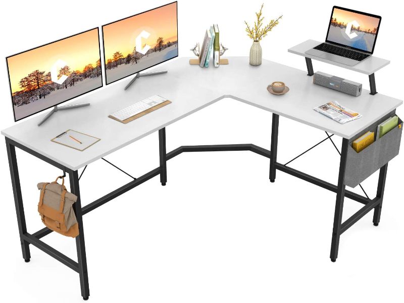 Photo 1 of Cubiker Modern L-Shaped Computer Office Desk, Corner Gaming Desk with Monitor Stand, Home Office Study Writing Table Workstation for Small Spaces
