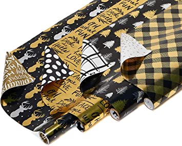 Photo 1 of American Greetings Reversible Christmas Wrapping Paper, Black and Gold (4 Pack, 80 sq. ft.)

