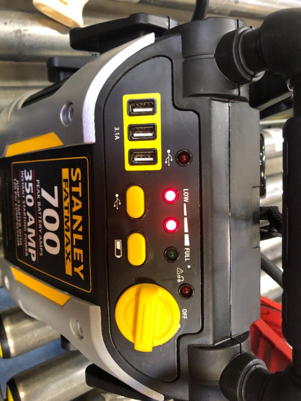 Photo 2 of STANLEY FATMAX J7CS Portable Power Station Jump Starter: 700 Peak/350 Instant Amps, 120 PSI Air Compressor, 3.1A USB Ports, Battery Clamps
