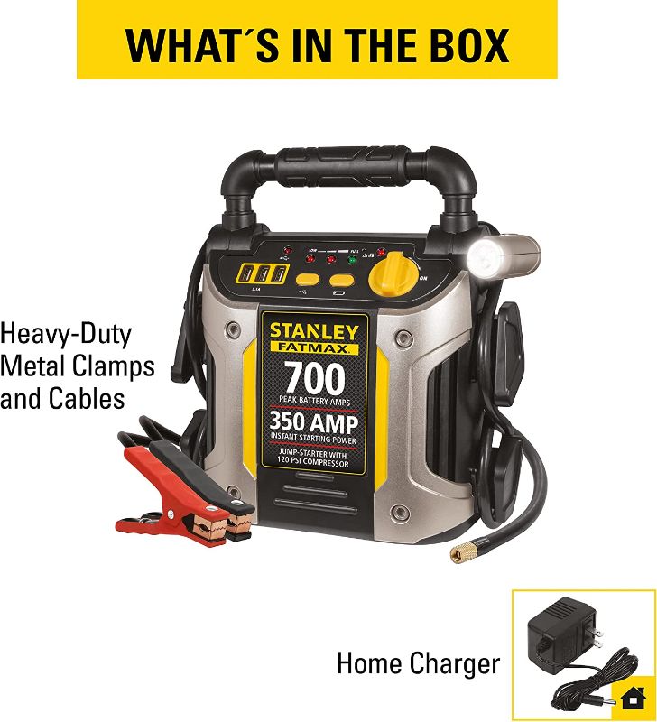 Photo 1 of STANLEY FATMAX J7CS Portable Power Station Jump Starter: 700 Peak/350 Instant Amps, 120 PSI Air Compressor, 3.1A USB Ports, Battery Clamps
