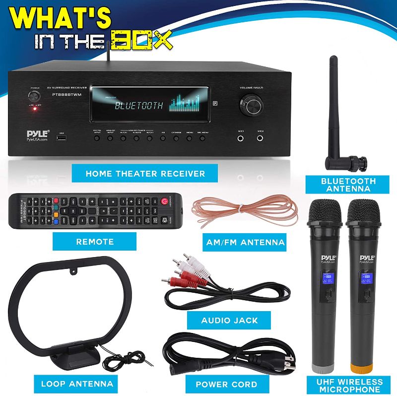 Photo 1 of 1000W Bluetooth Home Theater Karaoke Receiver - 5.2-Ch Stereo Amplifier 2 UHF Wireless Microphone Video Pass-Through Supports, MP3/USB/HDMI/AM/FM Radio - Pyle PT888BTWM , Black
