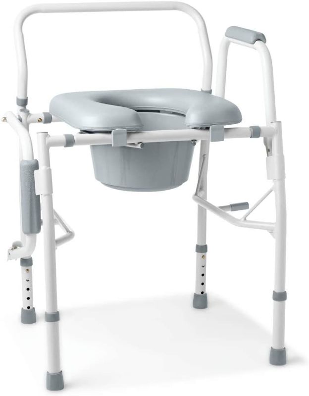 Photo 1 of Medline Drop Arm Commode, Swing Arm Rest for Easy Transfer, Padded Seat, Contains Chair, Pail, Lid, and Splash Guard, 350lb. Weight Capacity
