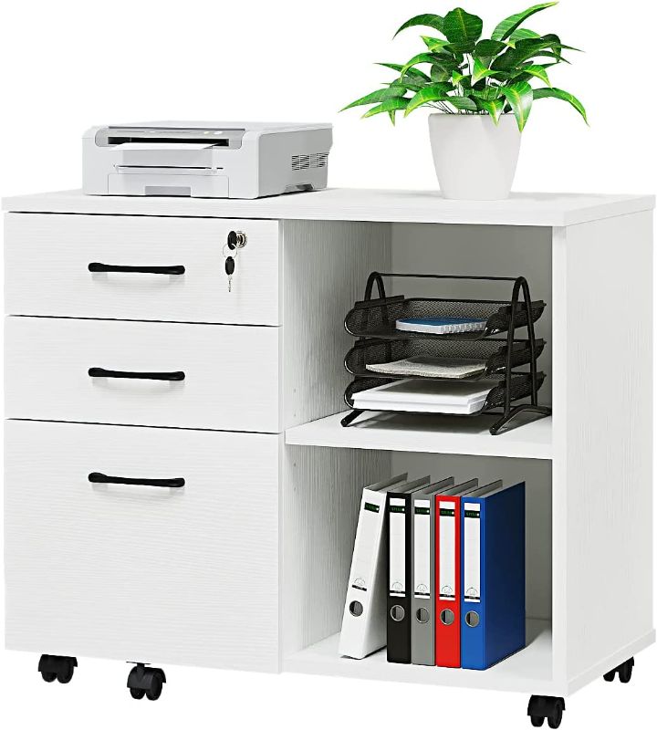 Photo 1 of Wood File Cabinet, 3 Drawer Mobile Lateral Filing Cabinet On Wheels, Printer Stand with Open Storage Shelves for Home Office( White)
