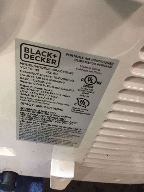 Photo 1 of BLACK+DECKER 10,000 BTU Portable Air Conditioner with Remote Control, White---ITEM IS SCUFFED AND HAS SCRATCHES FROM EXPOSURE AND IS DIRTY---MISSING ACCESSOIRES AND BOX---