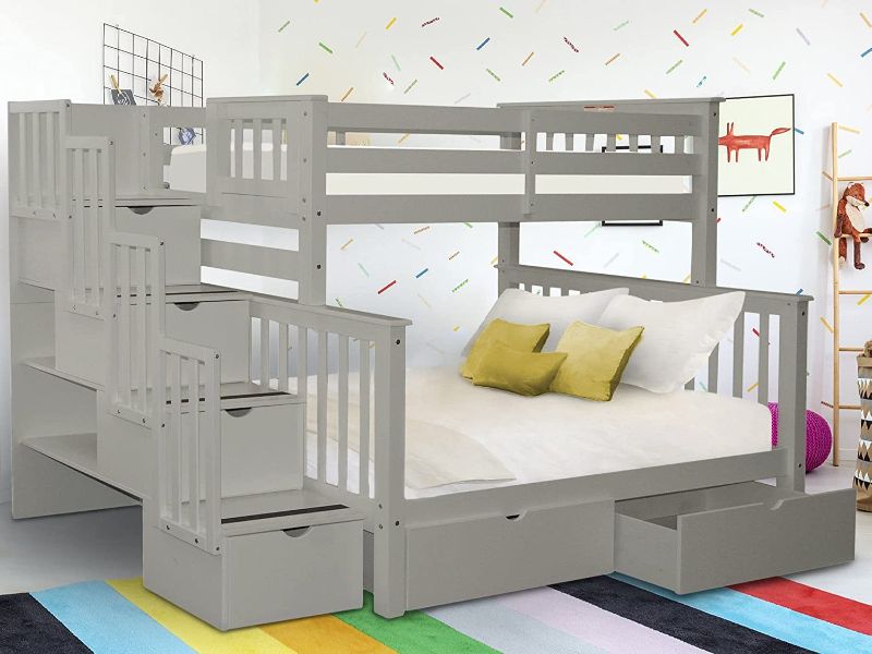 Photo 1 of Bedz King Stairway Bunk Beds Twin over Full with 4 Drawers in the Steps and 2 Under Bed Drawers, Gray---STAIRWAY ONLY ---
