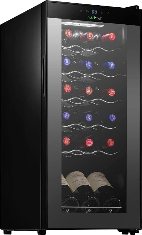 Photo 1 of NutriChef Wine Cooler Refrigerator - 18-Bottle Wine Fridge with Air-Tight Glass Door, Touch Screen Digital Temperature Control - Freestanding, Compact - For Apartment, Office, Hotel, Home Bars
