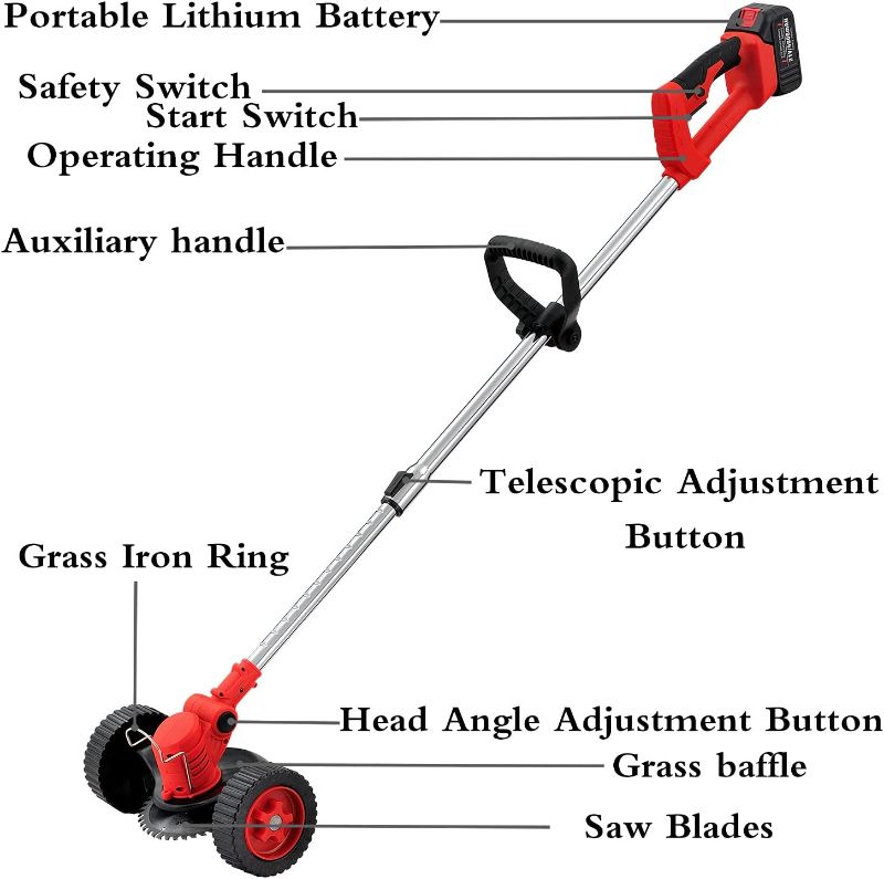 Photo 1 of MAXMAN Wheeled Cordless Weed Eater,21V Weed Wacker with Metal Blades,Battery Powered Weed Trimmer, Brush Cutter for Lawn Garden Pruning and Trimming,1 Charger and 2 PCS 4.0Ah Battery,Lightweight,Red
