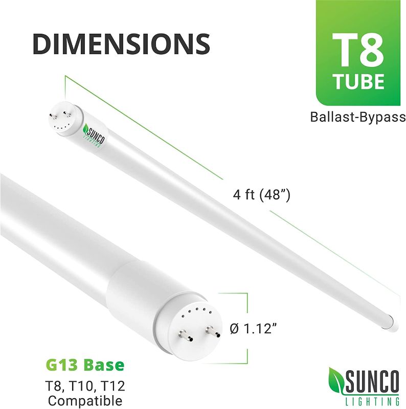 Photo 1 of Sunco Lighting 2Pack T8 LED 4FT Tube Light Bulbs Ballast Bypass Fluorescent Replacement, 6000K Daylight Deluxe, 18W, Frosted Cover, Retrofit, Single Ended Power (SEP), Commercial Grade – UL