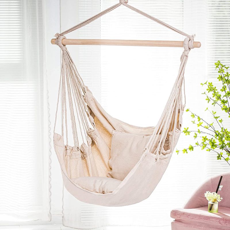 Photo 1 of ASTEROUTDOOR Hammock Chair Hanging Rope Swing with 2 Cushions and Wood Spreader Bar for Indoor or Outdoor Use, Beige
