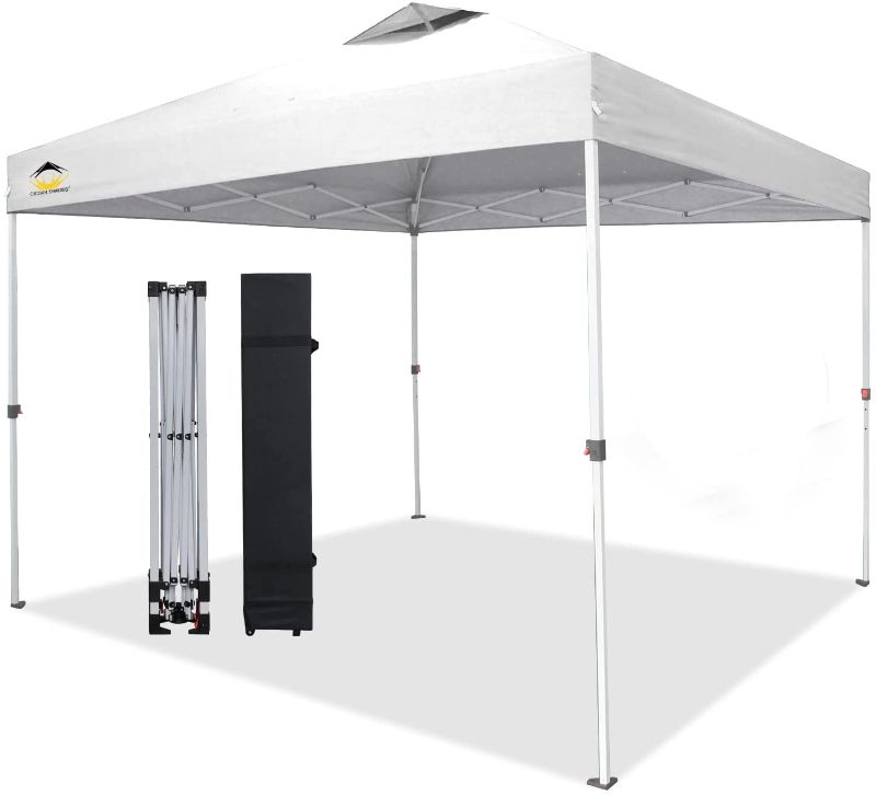 Photo 1 of CROWN SHADES 10x10 Pop Up Canopy, Patented One Push Tent Canopy, Wheeled Carry Bag, 8 Stakes, 4 Ropes, White
