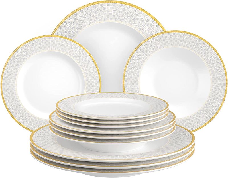 Photo 1 of DANSHER Porcelain Square Dinnerware Plate Set, Set of 12 Ceramic Dinner Plates, White Soup/Salad Plates (12 Pieces-Checkered Pattern)
