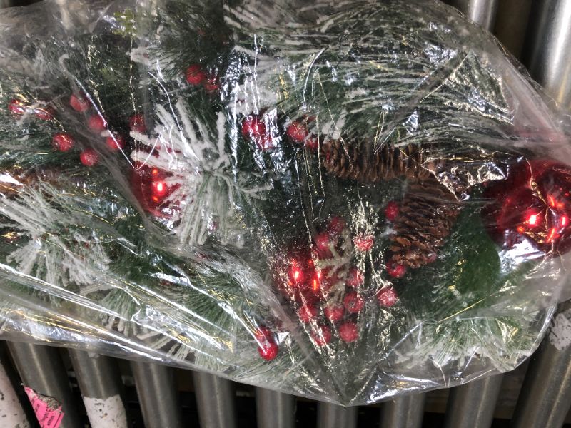 Photo 1 of 32 Inch Artificial Mixed Pine Christmas Teardrop Swag with Snow, Crystals, Berries, Pine Cones and Red Ball Ornaments
