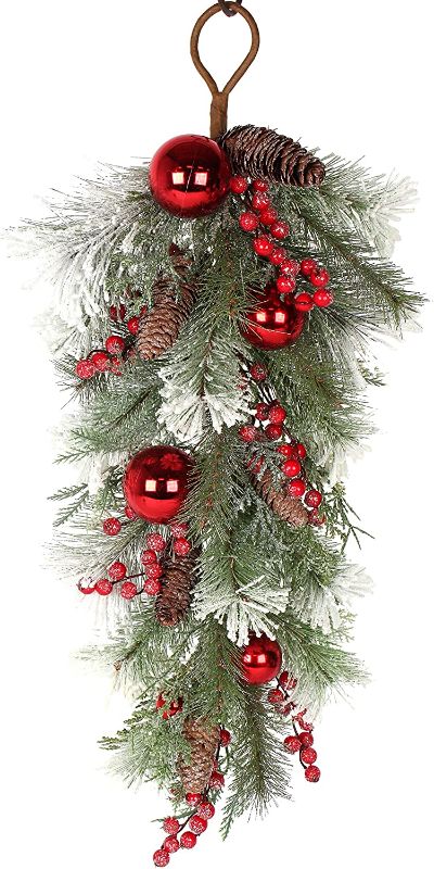 Photo 1 of 32 Inch Artificial Mixed Pine Christmas Teardrop Swag with Snow, Crystals, Berries, Pine Cones and Red Ball Ornaments
