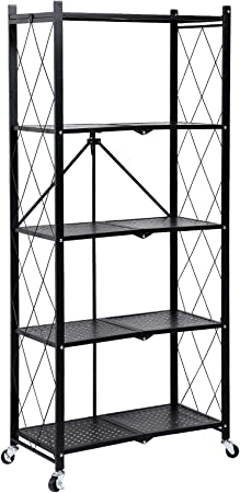 Photo 1 of 5-Tier Heavy Duty Foldable Metal Rack Storage Shelving Unit with Wheels Moving Easily Organizer Shelves Great for Garage Kitchen Holds up to 1250 lbs Capacity, Black