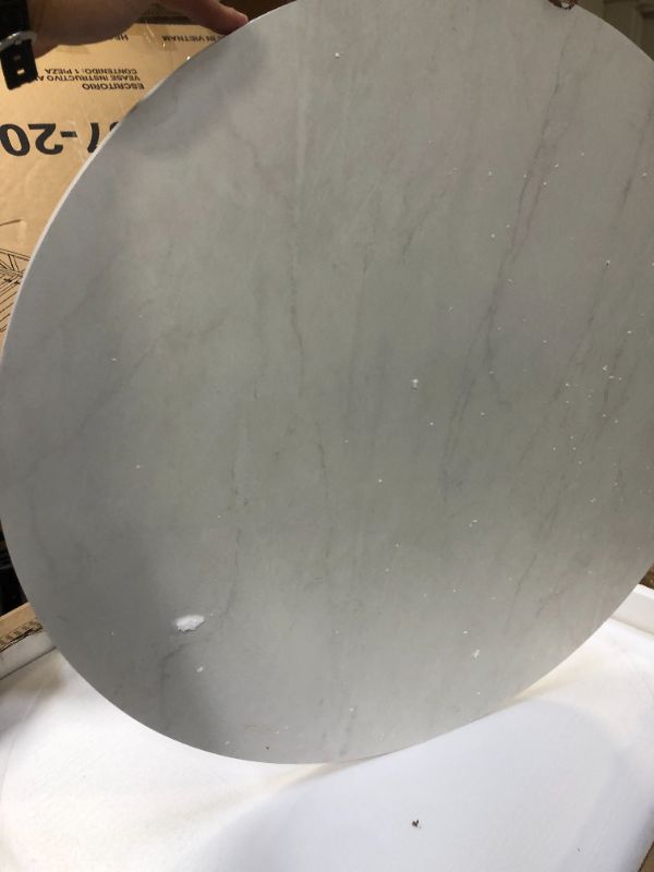 Photo 3 of 30 inch Round Coffee Table in White Faux Marble and Acorn--THERE IS DAMAGE ON THE SIDE OF THE TABLE TOP AND THE HARDWARE IS LOOSE IN THE BOX POSSIBLY MISSING SOME 