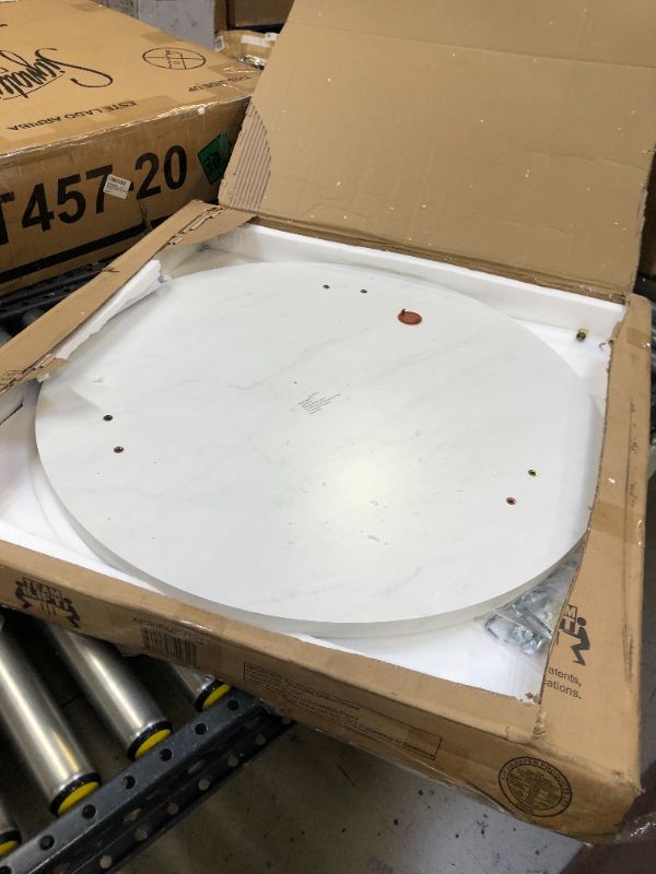 Photo 2 of 30 inch Round Coffee Table in White Faux Marble and Acorn--THERE IS DAMAGE ON THE SIDE OF THE TABLE TOP AND THE HARDWARE IS LOOSE IN THE BOX POSSIBLY MISSING SOME 