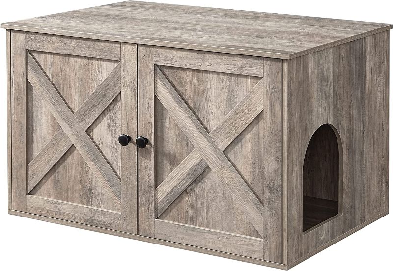 Photo 1 of  Cat Litter Box Enclosure, Litter Box Furniture Hidden with Removable Divider, Indoor Cat House, End Table, 31.5 x 20.9 x 19.4 Inches, Greige UPCL002G01
