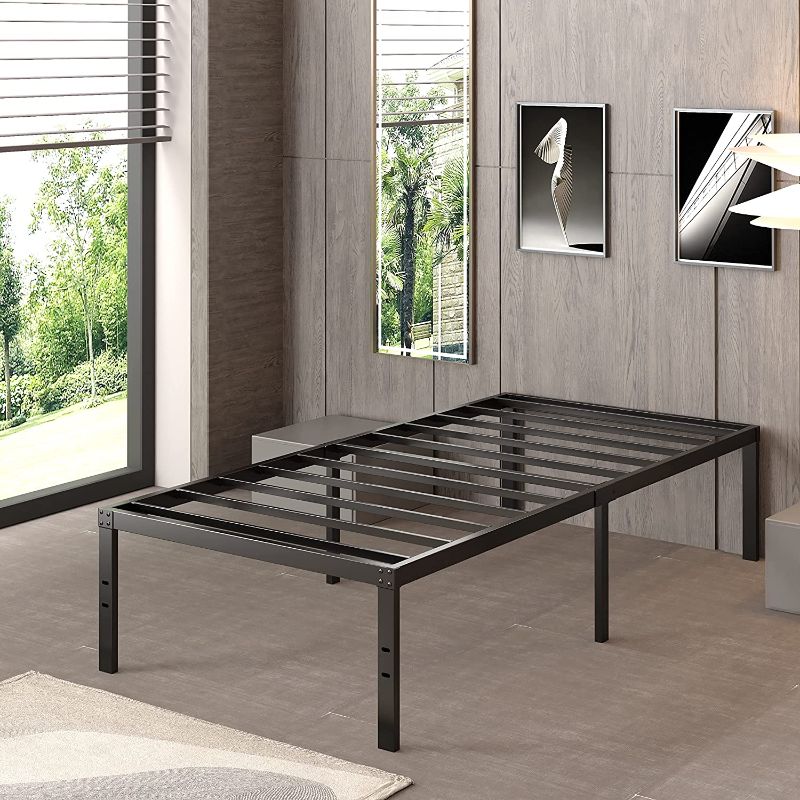 Photo 1 of ZIYOO Twin Bed Frames, 18 Inches Platform Bed Frame, 3500lbs Heavy Duty Steel Slat, Non-Slip Design, No Box Spring Needed, Easy Assembly, Quiet Noise Free, Under Bed Storage Space, Black
