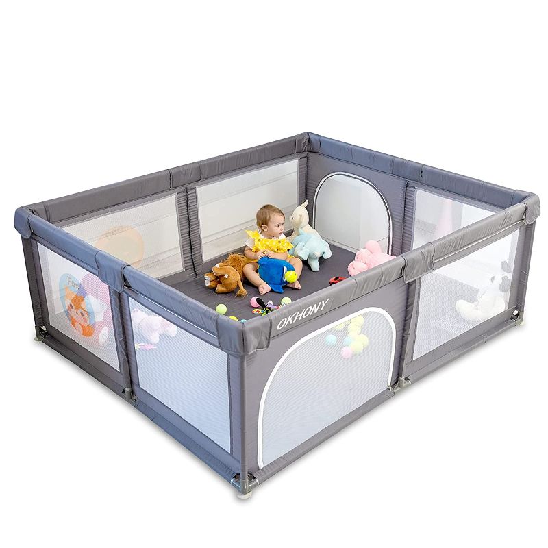 Photo 1 of Baby playpen, Play pens for Babies and Toddlers, Extra Large Play Yard with Gates, Sturdy Safety Infant Activity Center with Anti-Slip Suckers and Super Soft Breathable Mesh.-------possibly -missing parts ----
