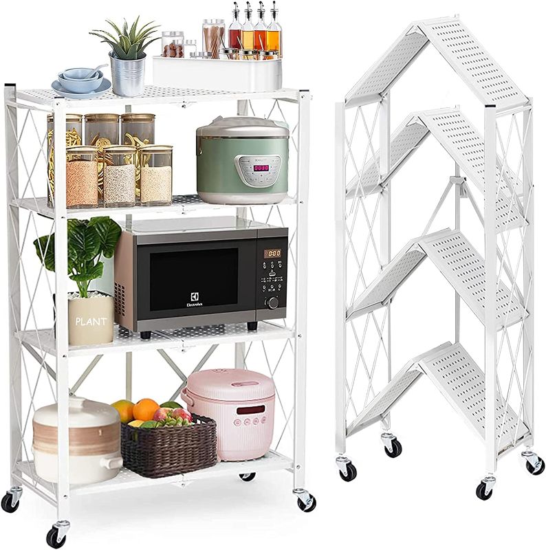 Photo 1 of 4 Tier Foldable Shelving Unit, Lanstics Folding Shelves Heavy Duty Storage Shelving with Wheels Metal Shelf Standing Shelves Units for Home Kitchen Living Room
