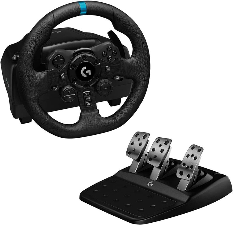 Photo 1 of Logitech G923 Racing Wheel and Pedals for PS 5, PS4 and PC featuring TRUEFORCE up to 1000 Hz Force Feedback, Responsive Pedal, Dual Clutch Launch Control, and Genuine Leather Wheel Cover (Renewed)
