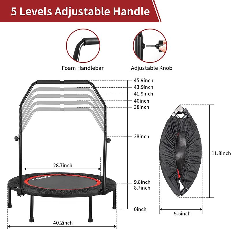 Photo 1 of 40" Foldable Mini Trampoline, Niksa Exercise Workout Rebounder Trampoline with 5 Level Adjustable Handle, Bounce Pro Trampoline for Adults Kids
