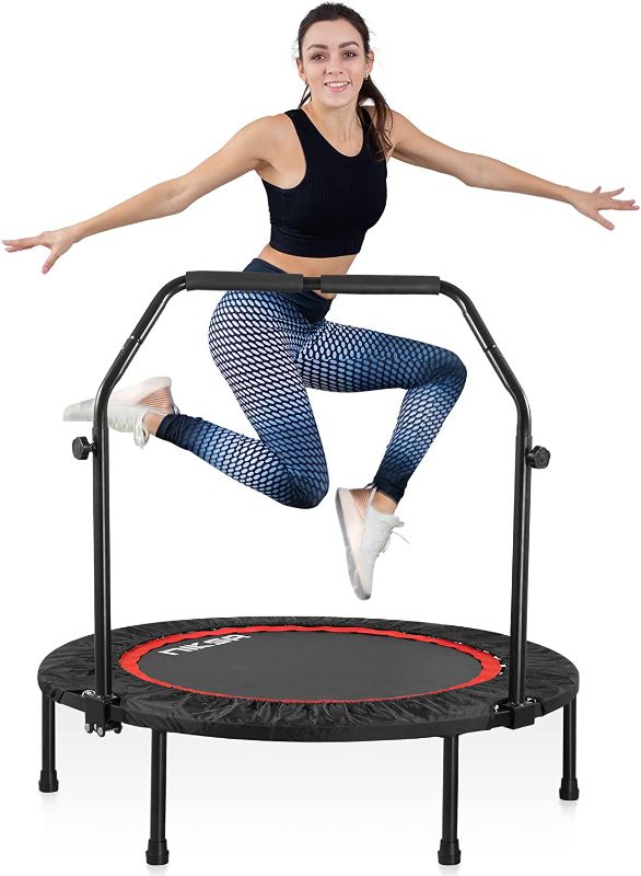 Photo 1 of 40" Foldable Mini Trampoline, Niksa Exercise Workout Rebounder Trampoline with 5 Level Adjustable Handle, Bounce Pro Trampoline for Adults Kids----------possibly missing parts and hard wear 
