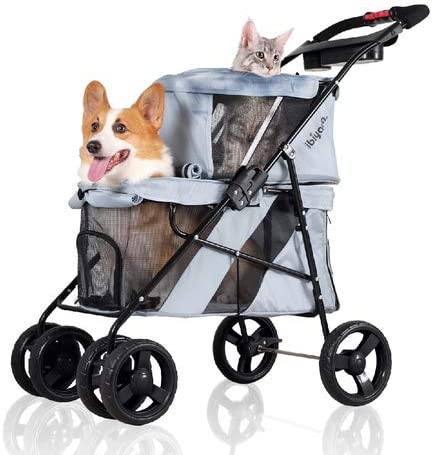 Photo 1 of 4 Wheel Double Pet Stroller for Dogs and Cats, Great for Twin or Multiple pet Travel (Silver Grey)
