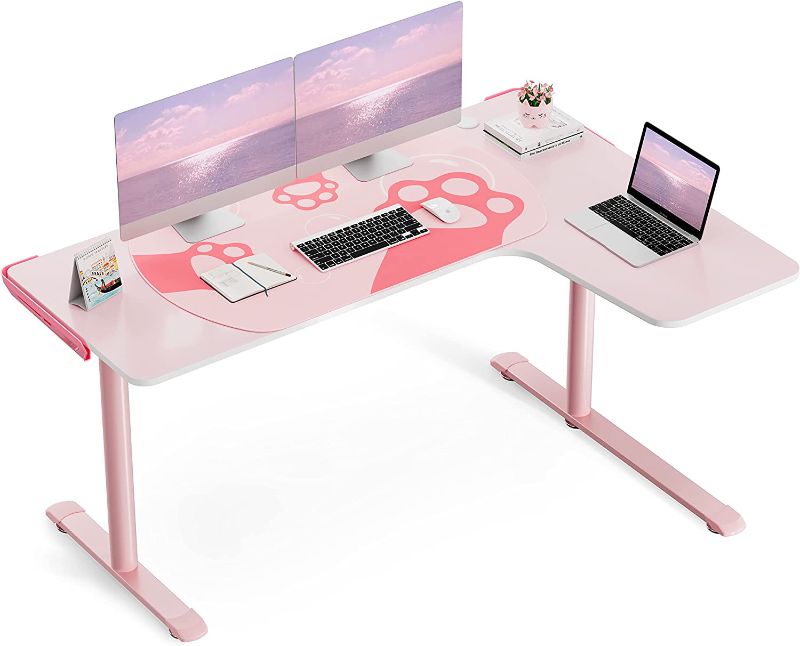 Photo 1 of EEUREKA Ergonomic L60 Gaming Desk Pink, L Shape Computer Corner Desk with Cable Management Mouse Pad for Home Office Work Study Writing Table Girl/Female/E-Sports Gamer, Easy to Assemble, Right Side
