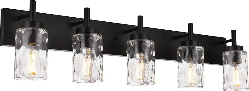 Photo 1 of BONLICHT Modern Bathroom Lighting Over Mirror 5-Lights Rustic Bath Vanity Wall Mounted Light Fixtures Black Farmhouse Wall Sconce Lamp with Clear Hammered...
