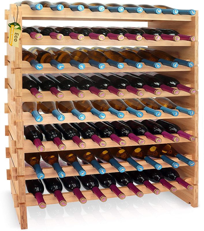 Photo 1 of SereneLife 72 Bottle Stackable Wine Rack, 33.5" x 10" x 42" 8-Tier Large Floor Freestanding Modular Storage Display Shelf Natural Bamboo Wood Construction for Kitchen and Cellar, Brown
