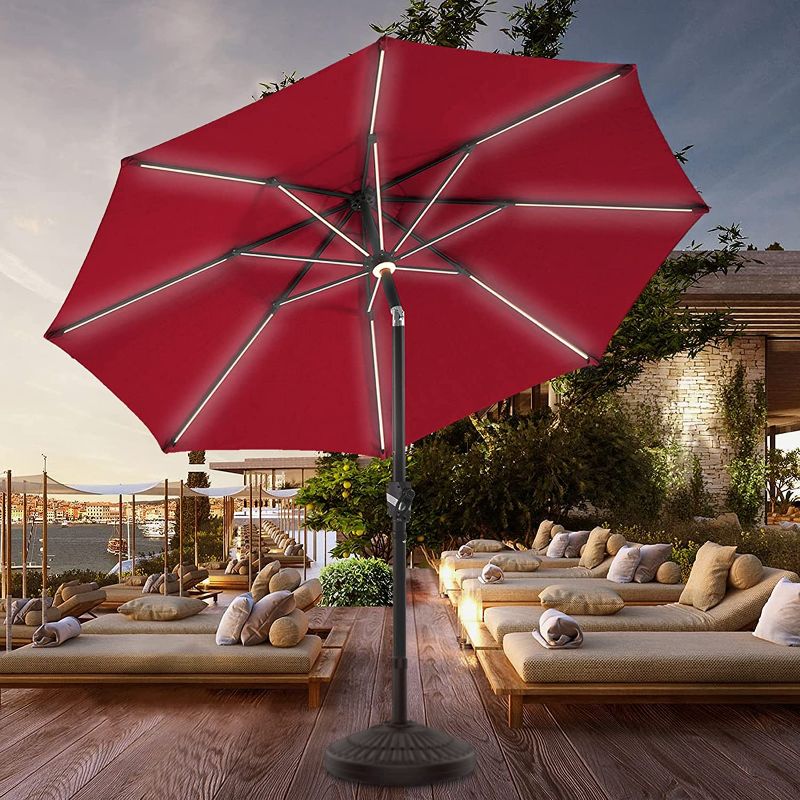 Photo 1 of BLUU MAPLE 9 FT Solar Patio Umbrella Solar Outdoor Umbrellas LED Table Umbrellas with 16 LED Strip Lights & Hub Light, Aluminum Frame, Premium 36 Month Fade Resistance & UV Protection Olefin Fabric (Apple Red)
