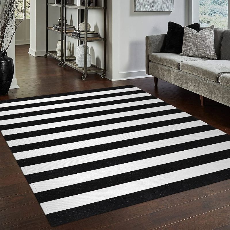 Photo 1 of Black and White Striped Outdoor Indoor Rug 4' x 6', Collive Farmhouse Cotton Woven Outdoor Rugs Runner, Washable Layered Front Door Mat for Layered Door Mats/Porch/Kitchen/Bathroom/Laundry Room
