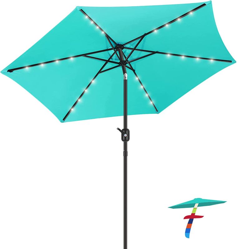 Photo 1 of 7.5 ft Solar Umbrella 24 LED Lighted Patio Umbrella Table Market Umbrella with Tilt and Crank Outdoor Umbrella for Garden, Deck, Backyard, Pool and Beach