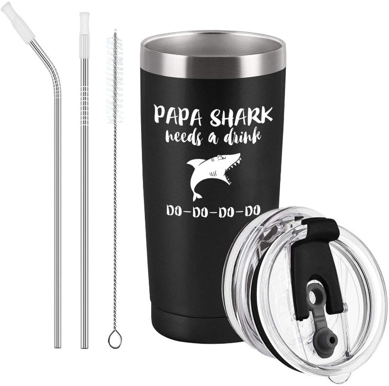 Photo 1 of Papa Shark Needs a Drink Do Do Travel Tumbler, Father's Day Birthday Gifts for Dad New Dad Father Papa Him, 20 Oz Funny Insulated Stainless Steel Travel Tumbler, Black
