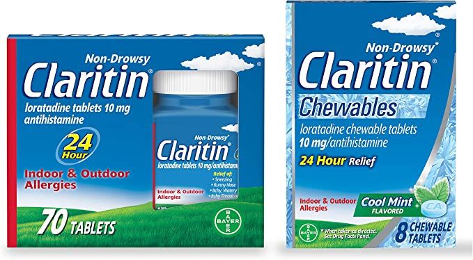 Photo 1 of Claritin 24 Hour Allergy Medicine, Non-Drowsy Prescription Strength Allergy Relief, Loratadine Antihistamine Tablets, 70 Count and Chewable Tablets, Cool Mint, 8 Count, Bundle Pack (2 Items)
10/22