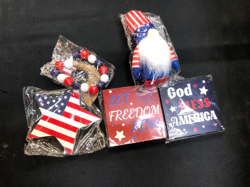 Photo 2 of 5 Pcs 4th of July Decorations, Memorial Day Decorations, Patriotic Decorations for Home, Wood Decor Signs Star Flag Gnomes Decor for Couch Bedroom Office Living Room Outside
