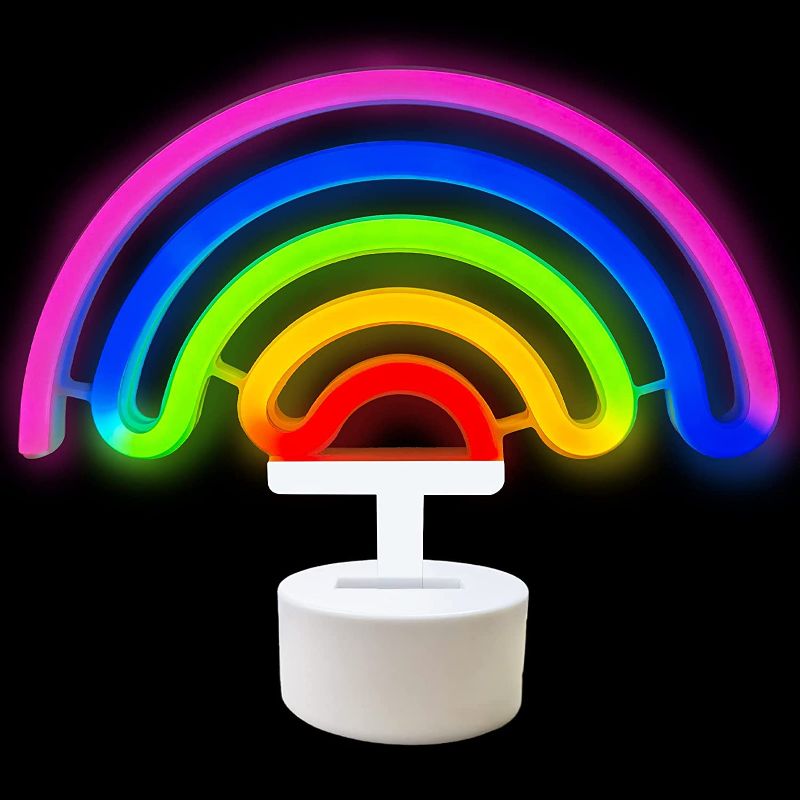 Photo 1 of BOTINDO Neon Sign Colorful Rainbow Led Night Lights Lamp with Holder Base Battery or USB Operated Kid Girl Gift Signs Light up for Room, Wedding, Bar, Christmas Holiday Party Supplies
