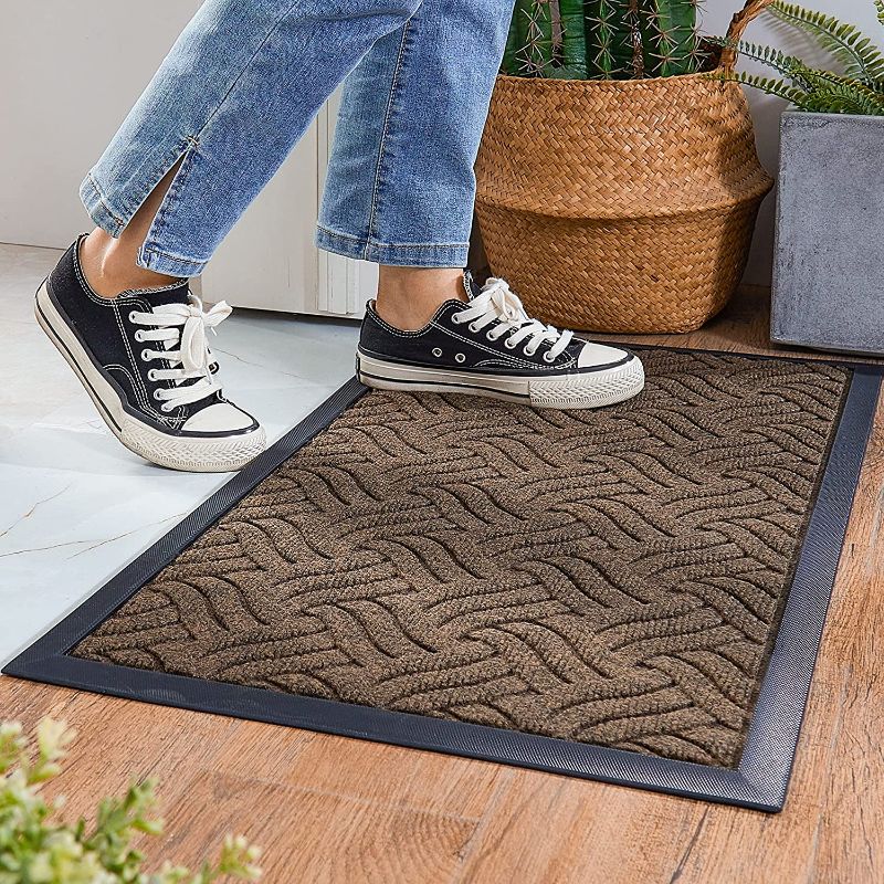 Photo 1 of COSY HOMEER Door Mat Front Indoor Outdoor Doormat,Small Heavy Duty Rubber Outside Floor Rug for Entryway Patio Waterproof Entrance Rug,24"x48",Beige,Wave
