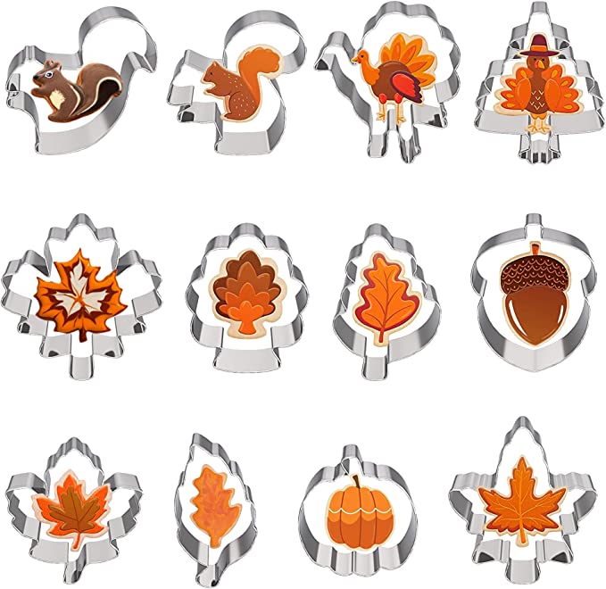 Photo 1 of 12 Pcs Fall Thanksgiving Cookie Cutters, Holiday Metal Leaf Cookie Cutters for Baking, with Pumpkin, Turkey, Acorn Shapes and more
