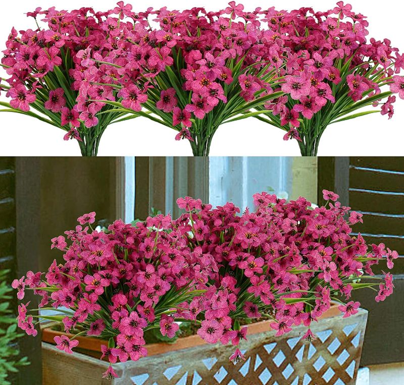 Photo 1 of 8 Bundles Artificial Flowers Outdoor UV Resistant Fake Flowers No Fade Faux Plastic Greenery Plants for Hanging Planter Garden Porch Window Box Patio Home Decoration (Magenta)
