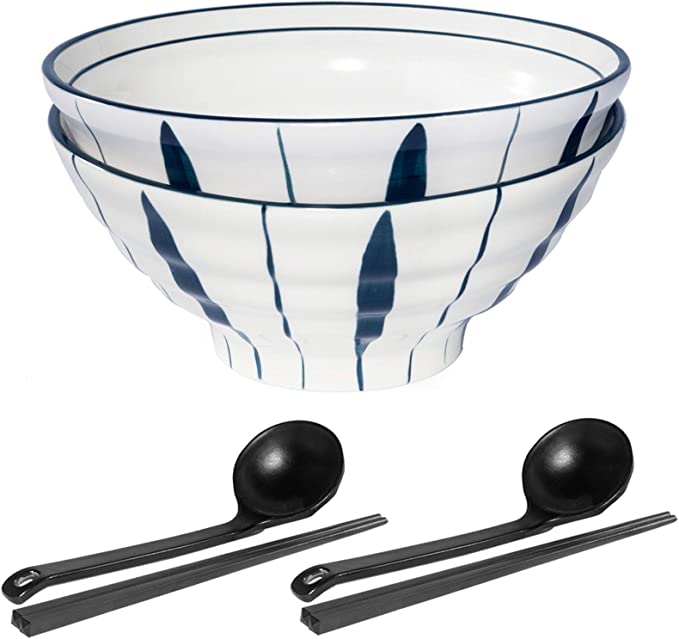 Photo 1 of AQUIVER 34oz Ceramic Ramen Bowl Set - 2 Modern Porcelain Japanese Noodle Soup Bowls with 2 Spoons and 2 Pairs of Chopsticks for Pho, Udon, Soba, Soup, Noodle
