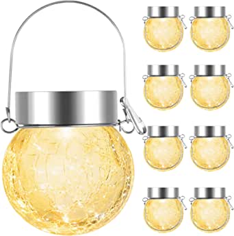 Photo 1 of 8-Pack Hanging Solar Lights Outdoor, Decorative Cracked Glass Ball Lights Solar Powered, Waterproof LED Globe Lantern for Pathway, Tree, Garden, Yard, Patio, Umbrella, Wedding Decor (Warm White)
