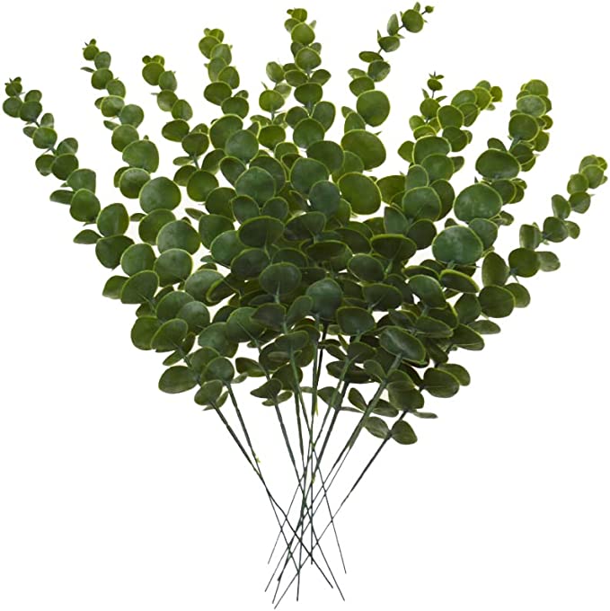 Photo 1 of 12pcs Artificial Eucalyptus Leaves Stems, 15” Artificial Silver Dollar Eucalyptus Leaf Branches Silk Eucalyptuses Plants Real Touch Plastic Floral Greenery for Home Decoration
