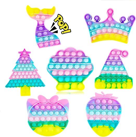 Photo 1 of 7 Pack Pop Popper Sensory Set Toy Stress Bubble Special Need Gift for Girl Kid Teen Adult Friend ADHD Crown Mermaid Kitty Strawberry Christmas Tree Cap Cat
