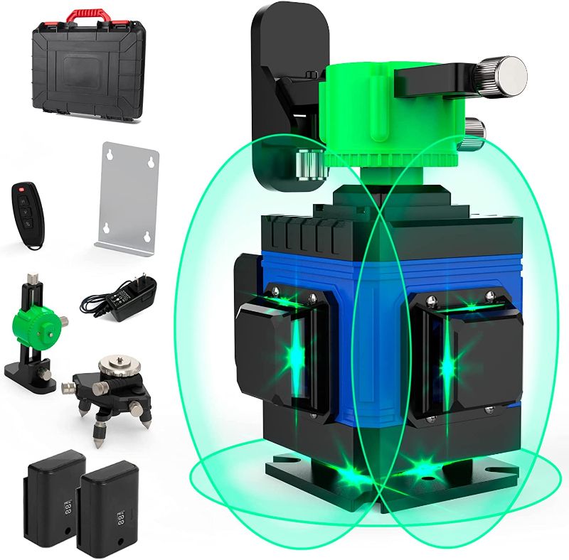 Photo 1 of AIRSEE Self-Leveling Laser Level, 12 Lines 3x360° Cross Green Blue Beam, Rechargeable Laser Level with Remote Control, Tripod Pivoting Base Included
