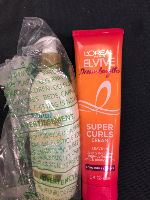 Photo 1 of 2 PIECE LOTION, 
OGX Quenching + Coconut Curls Frizz-Defying Curl Styling Milk, Nourishing Leave-In Hair Treatment with Coconut Oil, Citrus Oil & Honey, Paraben-Free and Sulfated-Surfactants Free, 6 fl oz,
L'Oreal Paris Elvive Dream Lengths Super Curls Cr