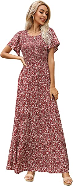 Photo 1 of Kranda Women's Round Neck Short Flutter Sleeve Smocked Ruffle Floral Maxi Dress, SIZE S WOMEN
